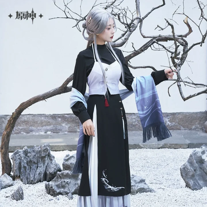 Shenhe Impression Crop Top & Shirt Set - Model Showcade 3 | Genshin Impact Merch | Hoyoverse Merch